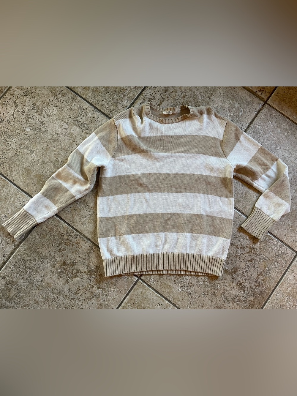 Brandy Melville Cream and Tan Striped Crewneck Sweater